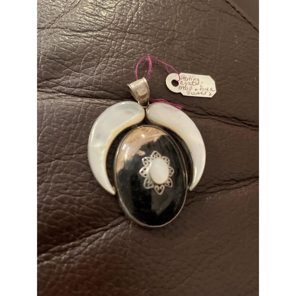 Vintage Sterling Silver Onyx Mother of Pearl Pendant Large Artisan Southwestern